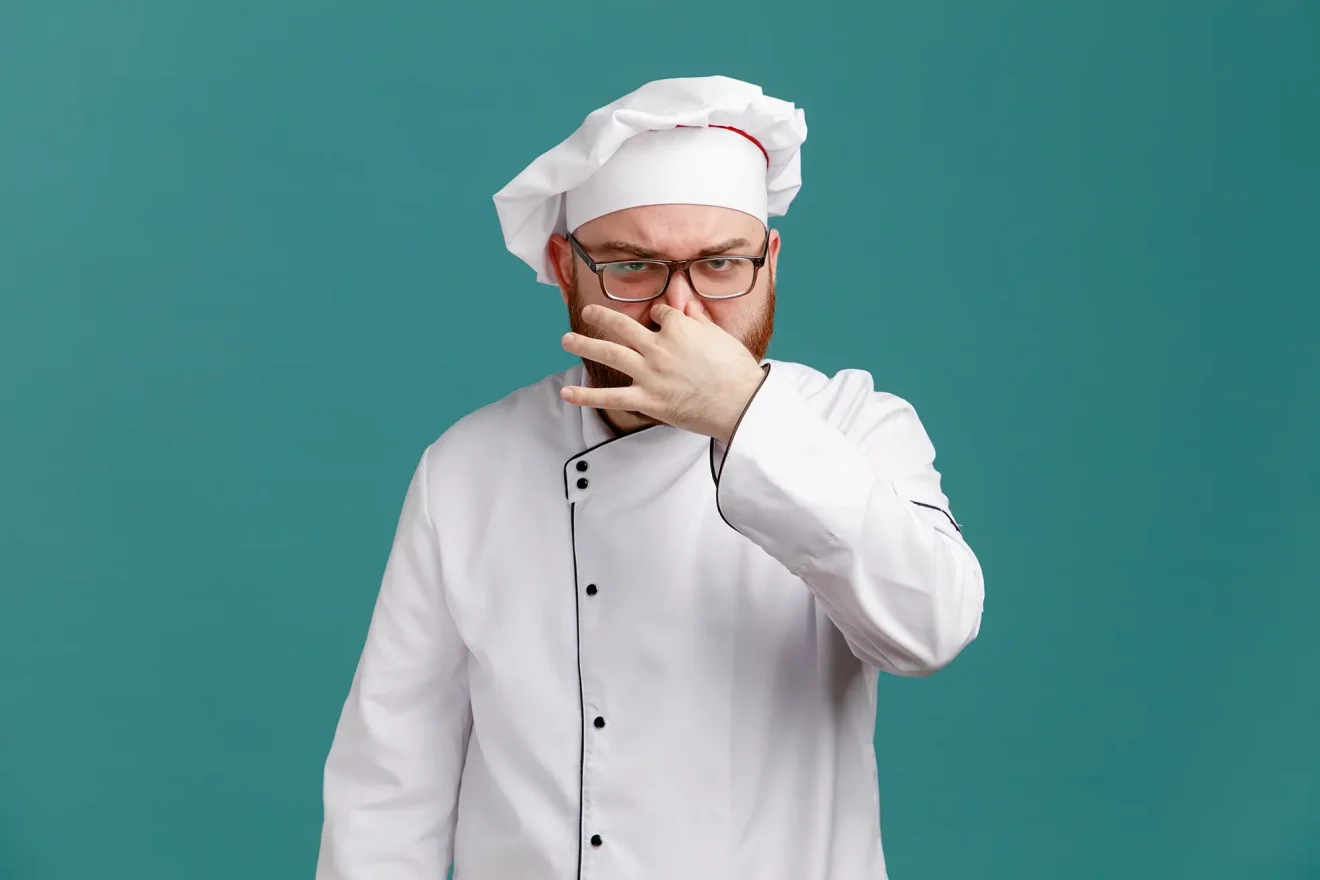 frowning-young-male-chef-wearing-glasses-uniform-and-cap-looking-at-camera-showing-bad-smell-gesture-isolated-on-blue-background